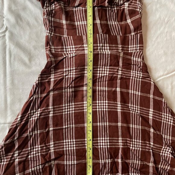 Cottagecore Dark Brown Plaid Lined Mini Dress Ruffle and Tie - Picture 4 of 8